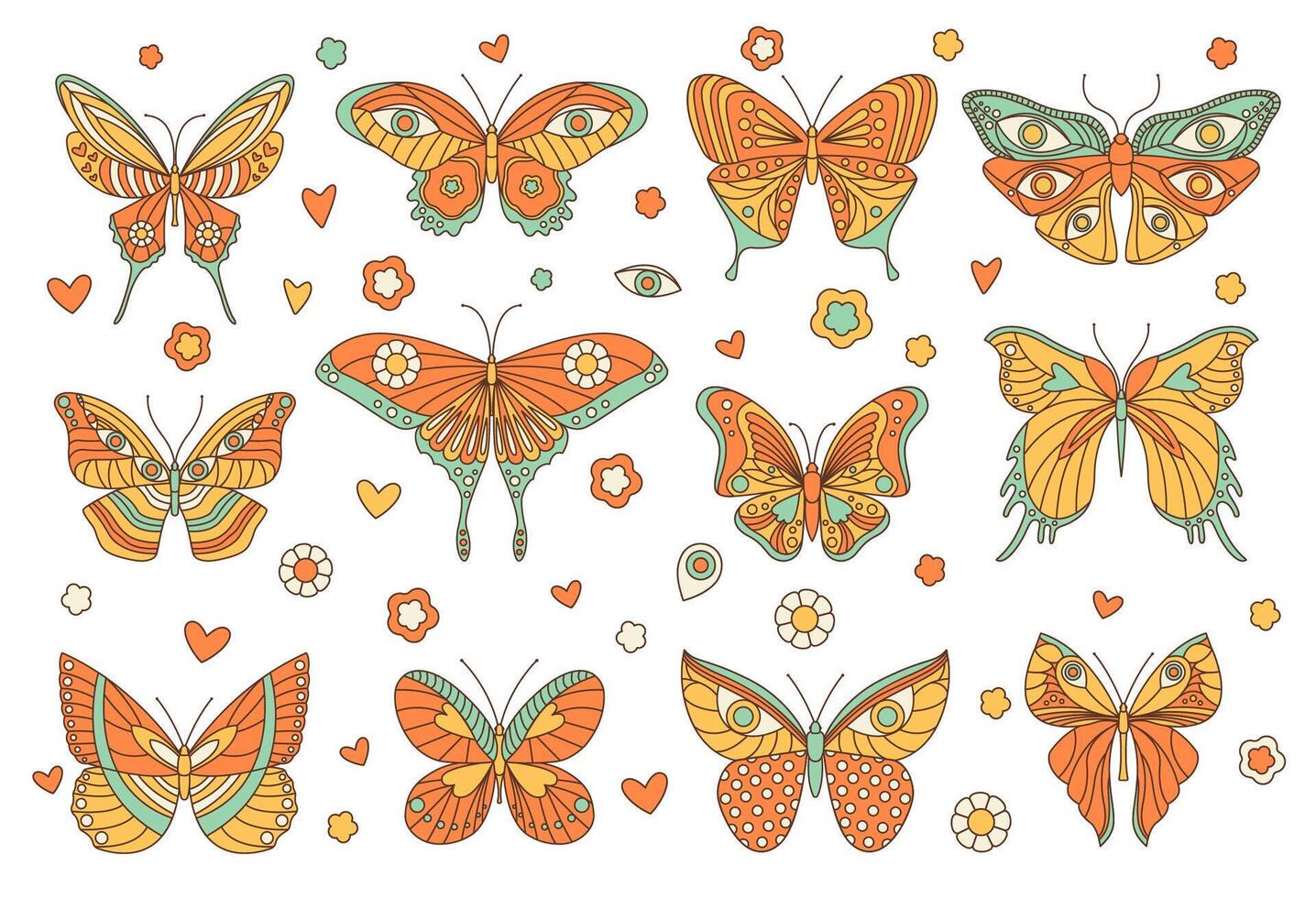 Groovy hippie butterfly isolated retro insects set vector