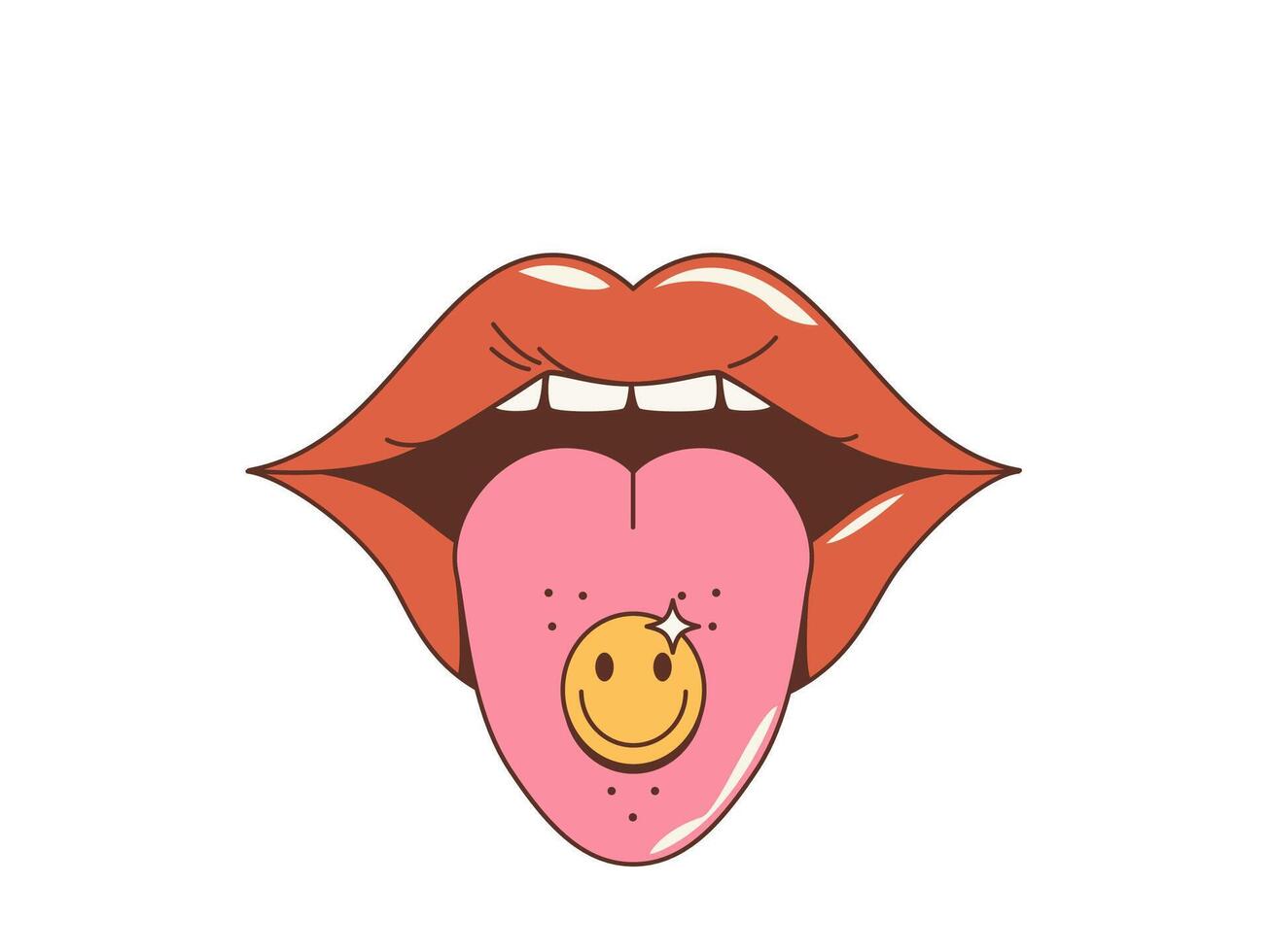 Cartoon groovy woman mouth with tongue and drug vector