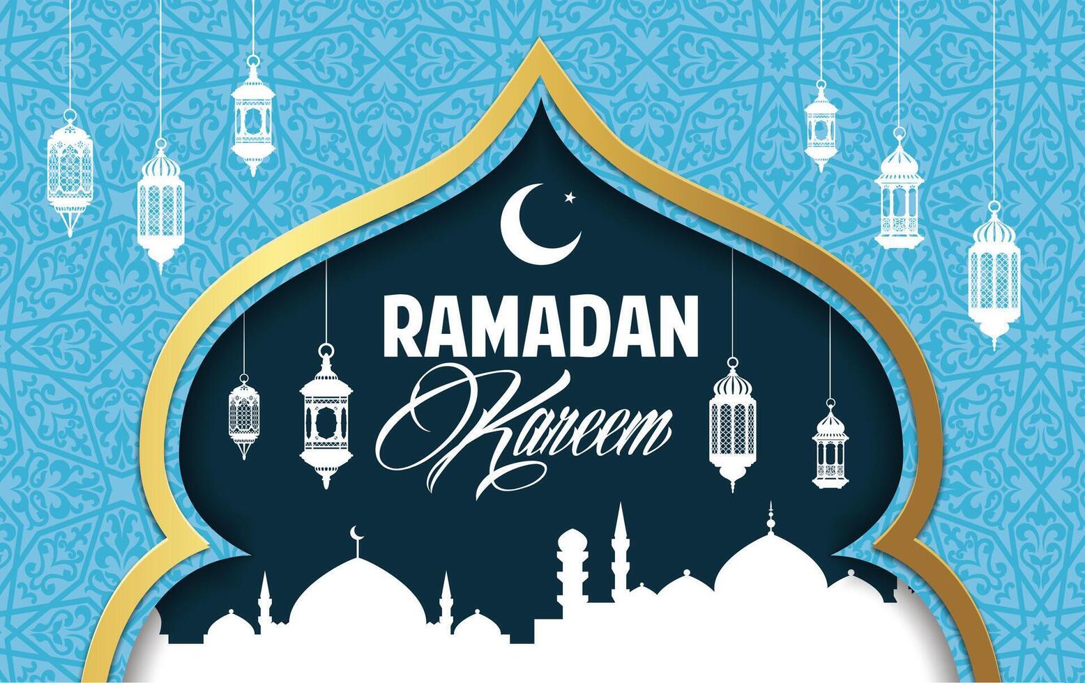 Ramadán kareem bandera con papel cortar mezquita vector