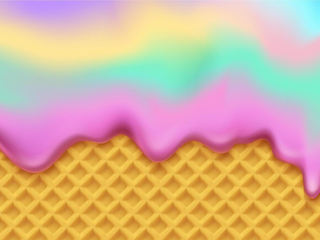 Realistic rainbow ice cream melt, wafer background vector