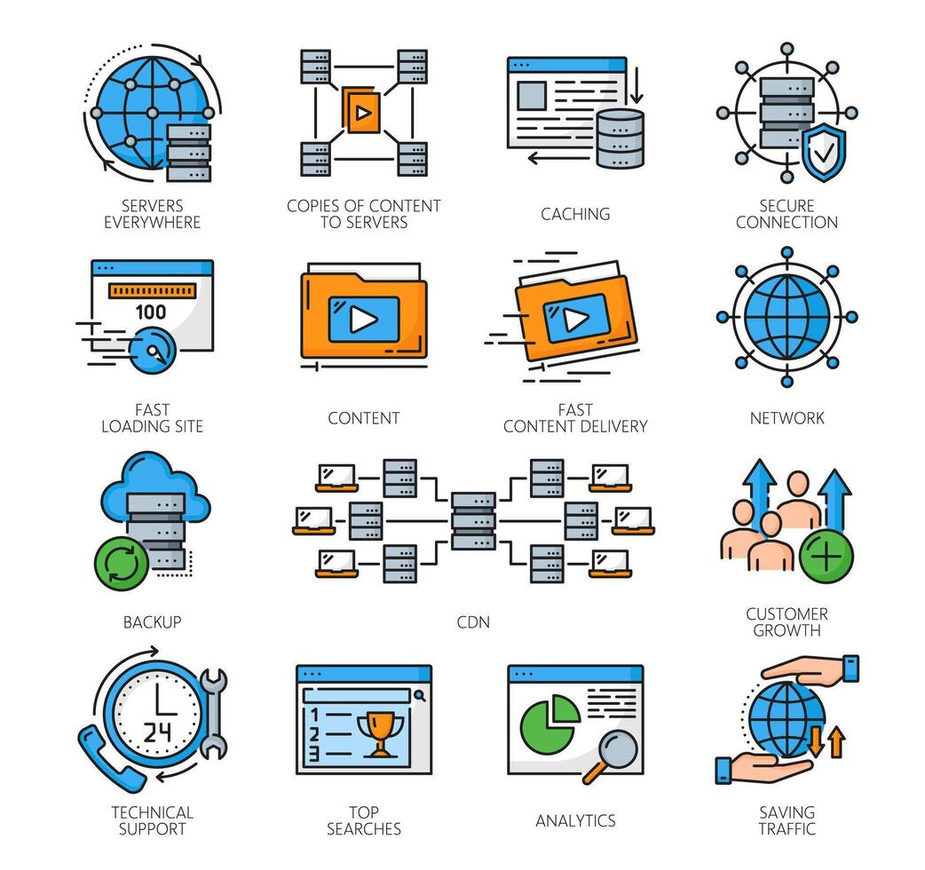 CDN content delivery network icons, digital media vector