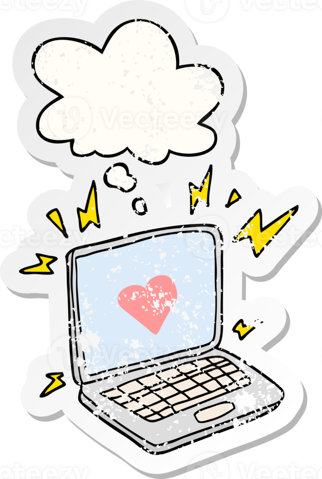 internet dating cartoon  with thought bubble as a distressed worn sticker png