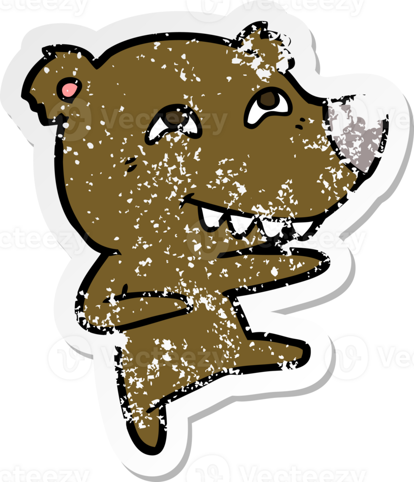 distressed sticker of a cartoon bear showing teeth while dancing png