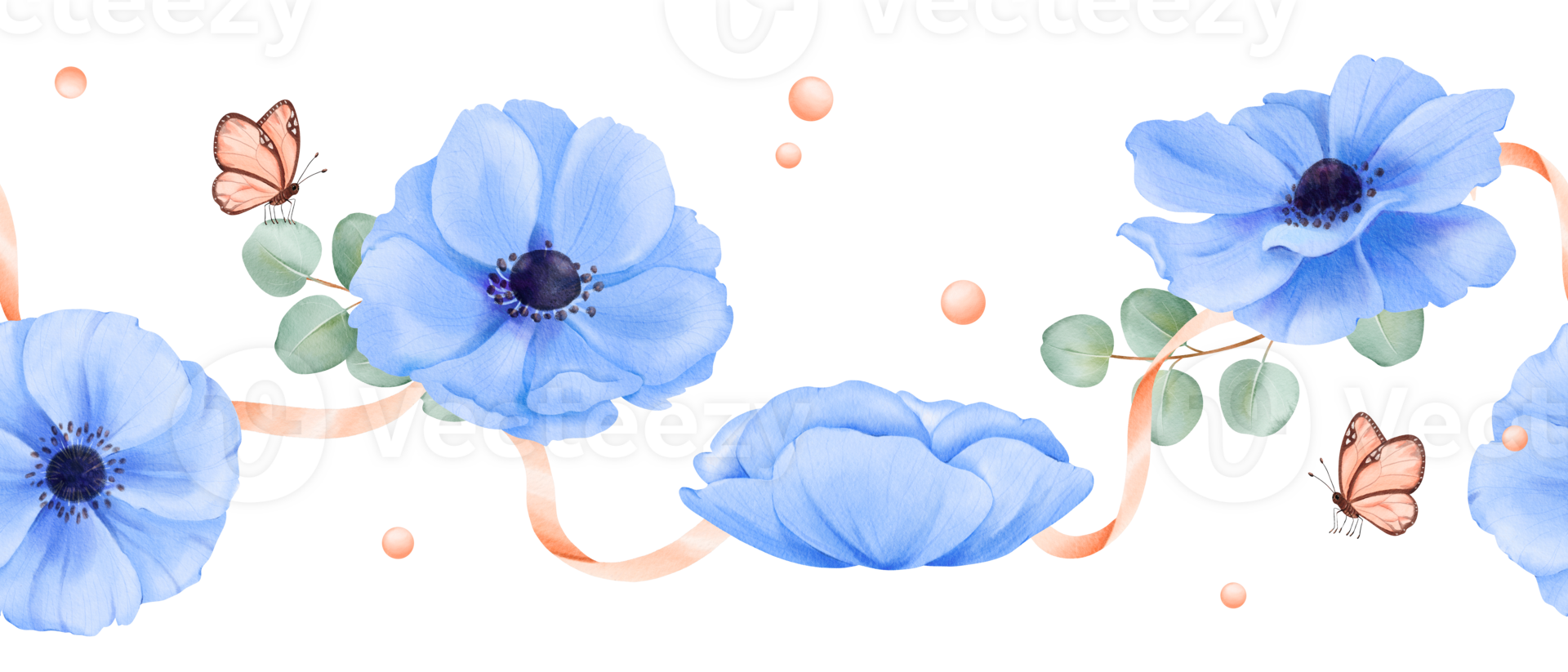 en sömlös gräns. delikat blå anemoner, eukalyptus löv, Utsmyckad med band, strass, och fjärilar. vattenfärg illustration för bröllop brevpapper händelse inbjudningar eller digital mönster png