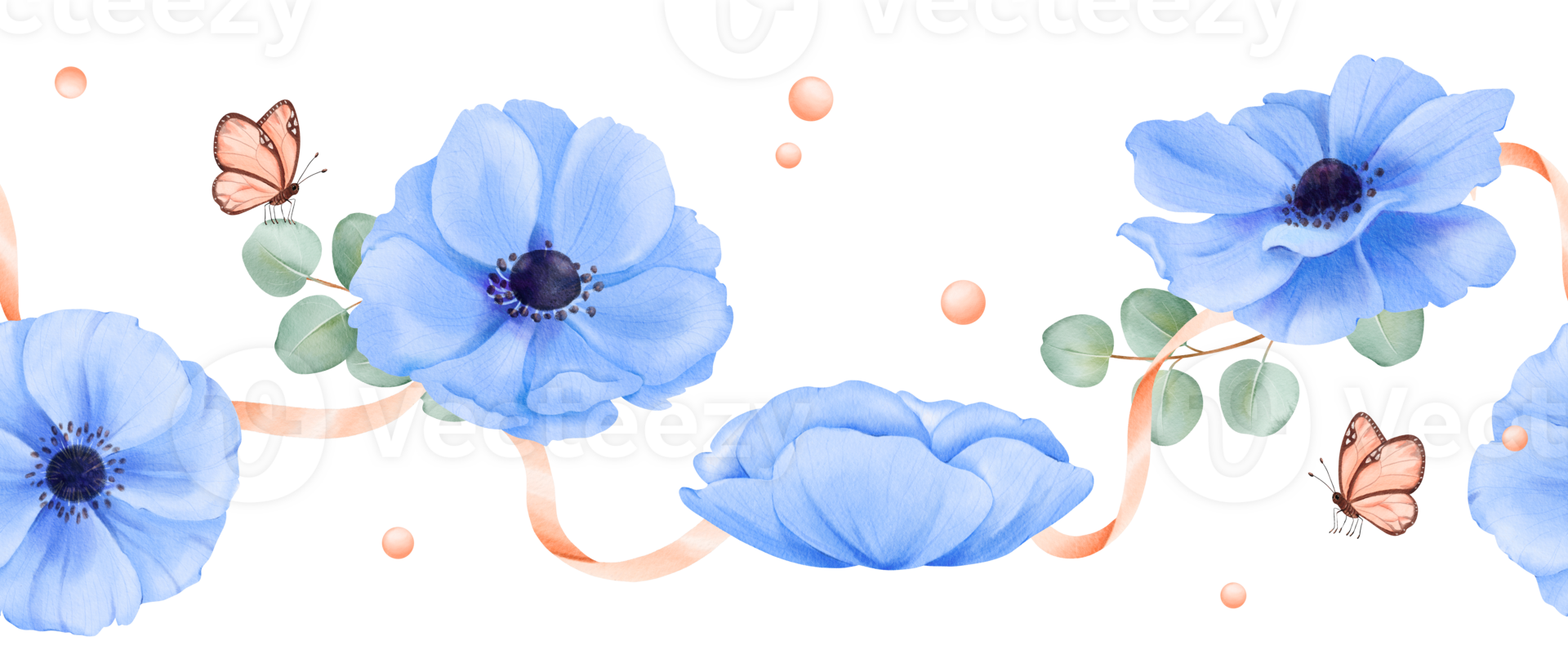 een naadloos grens. delicaat blauw anemonen, eucalyptus bladeren, versierd met linten, strass steentjes, en vlinders. waterverf illustratie voor bruiloft schrijfbehoeften evenement uitnodigingen of digitaal ontwerpen png