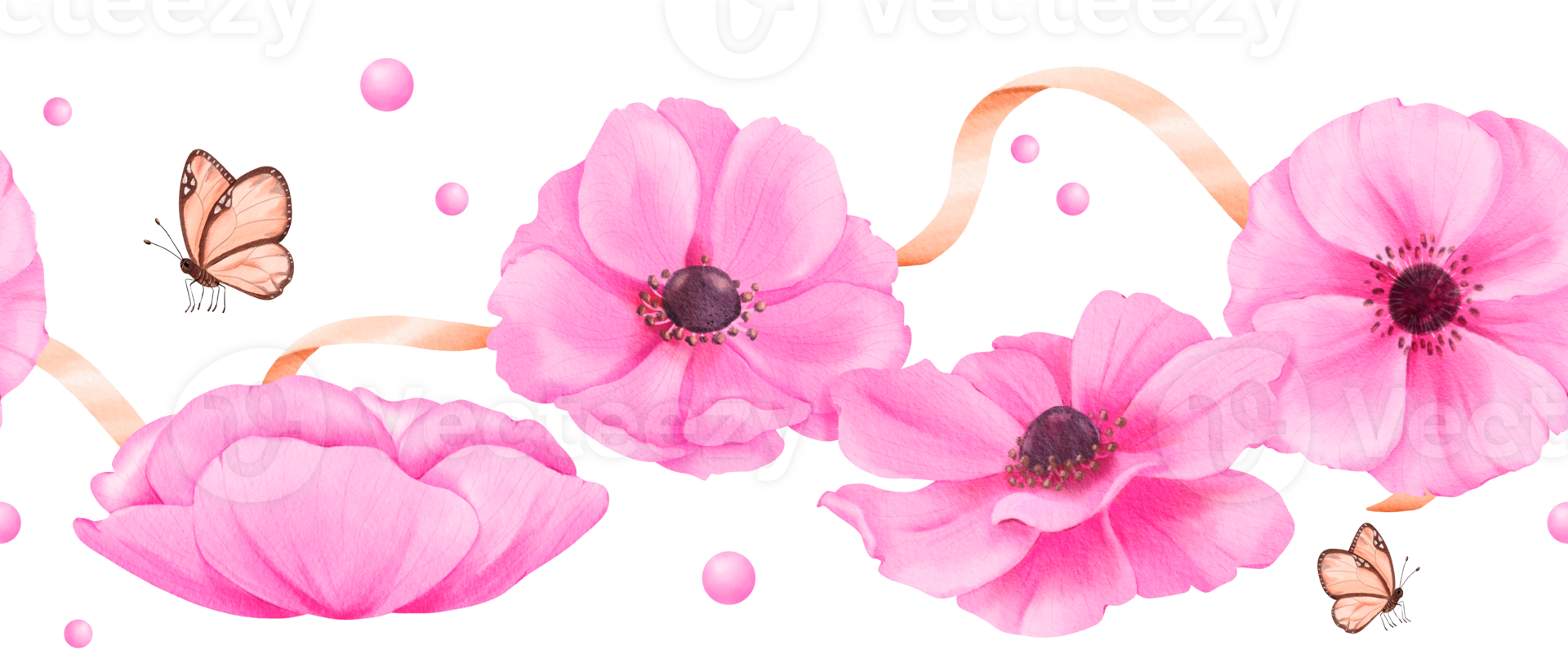 un sin costura frontera presentando delicado rosado anémonas, adornado con cintas, pedrería, y mariposas acuarela ilustración para scrapbooking digital antecedentes sitio web pancartas o social medios de comunicación png