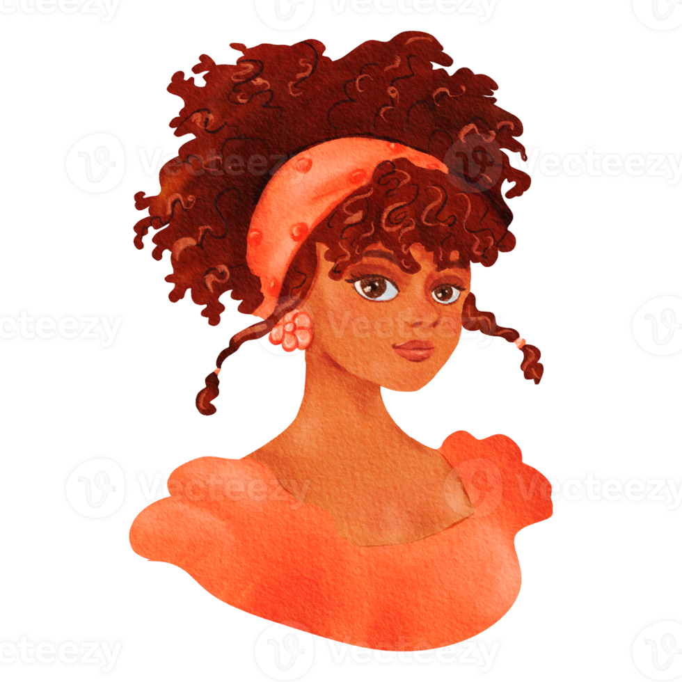 cartone animato illustrazione di un' donna con Riccio rosso capelli nel un arancia fascia per capelli png