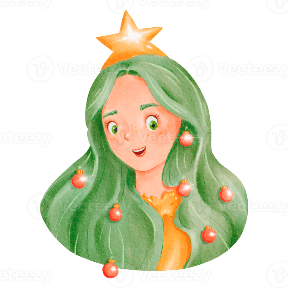 un' ragazza con verde capelli e un' stella su sua testa è vestito su come un' Natale albero png