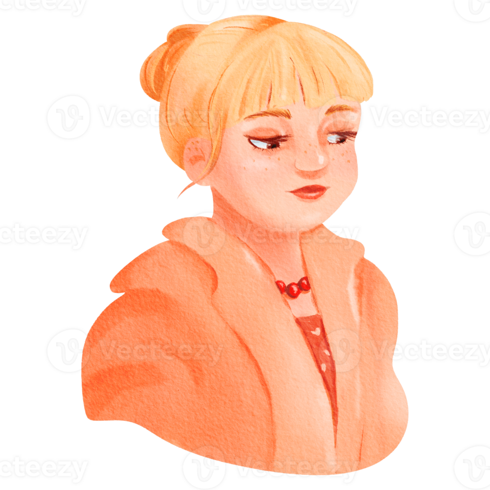 Blonde woman in fur coat with red necklace, orange wig and bold eyelashes png