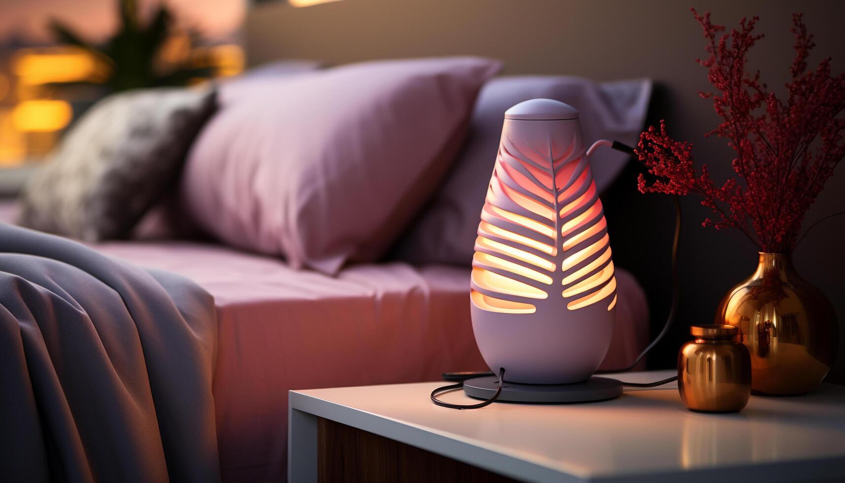 AI generated Cozy bedroom with modern decor, illuminated by soft candlelight generated by AI photo