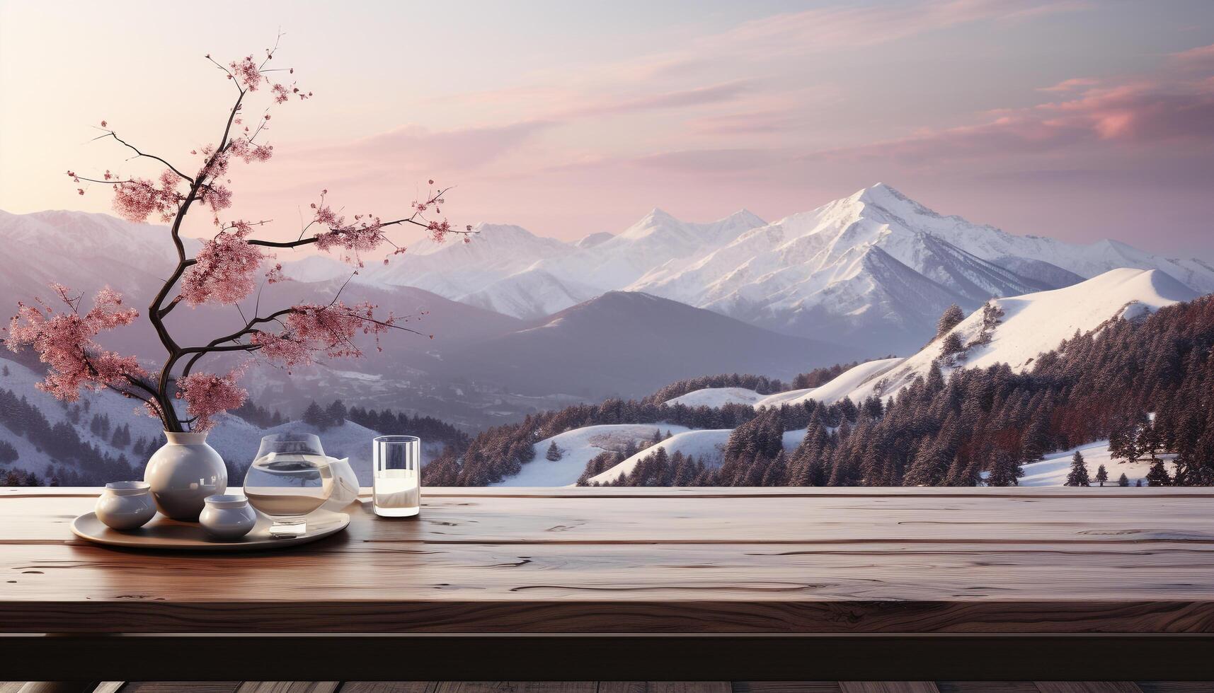 AI generated Mountain landscape with snow, trees, and sunlight a peaceful retreat generated by AI photo