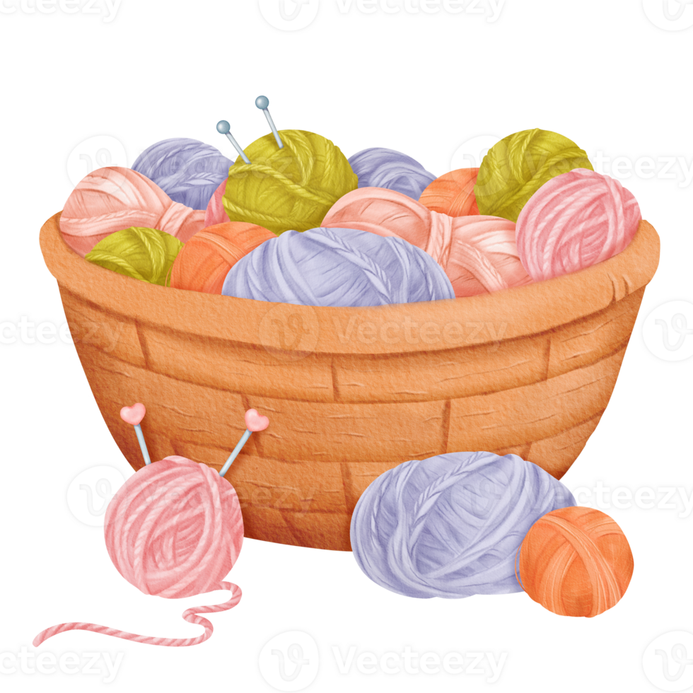 A cozy setup featuring a woven basket filled with assorted yarn balls and knitting needles. Perfect for crafting enthusiasts, knitting tutorials, or DIY-themed designs. Watercolor illustration png