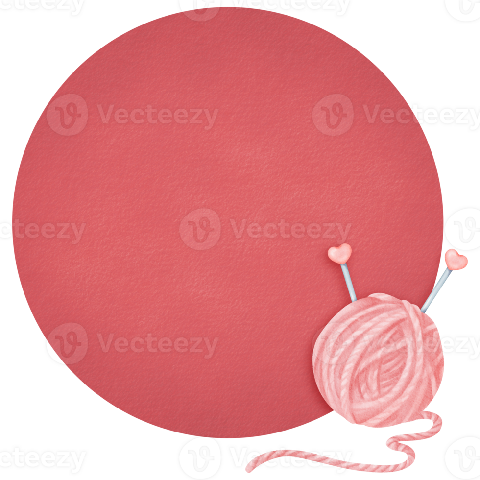 A composition featuring a large fuchsia-colored circle for text, adorned with a pink yarn skein and knitting needles. The needles are decorated with plastic heart charms. Watercolor illustration png
