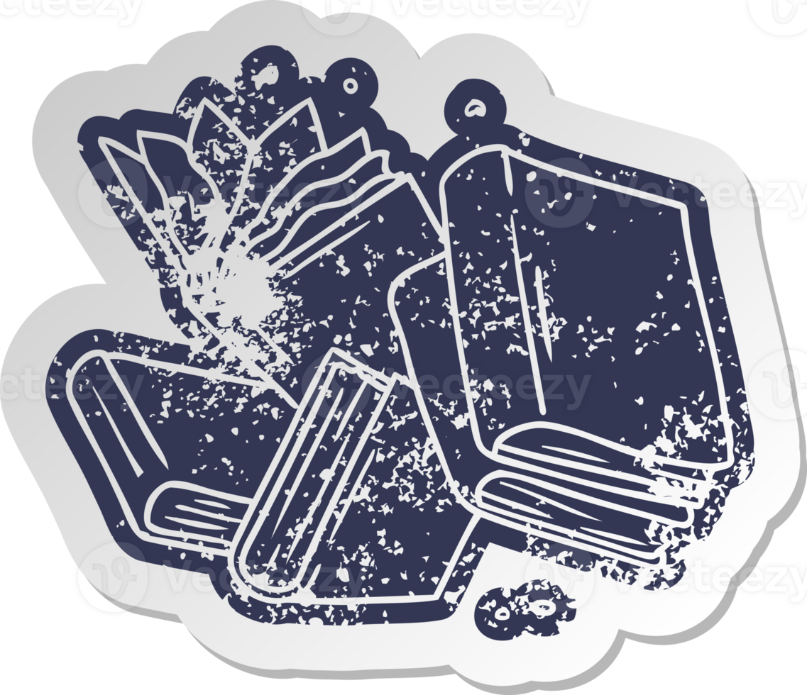 distressed old cartoon sticker of a collection of books png