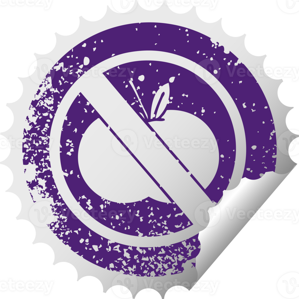 distressed circular peeling sticker symbol of a no fruit allowed sign png