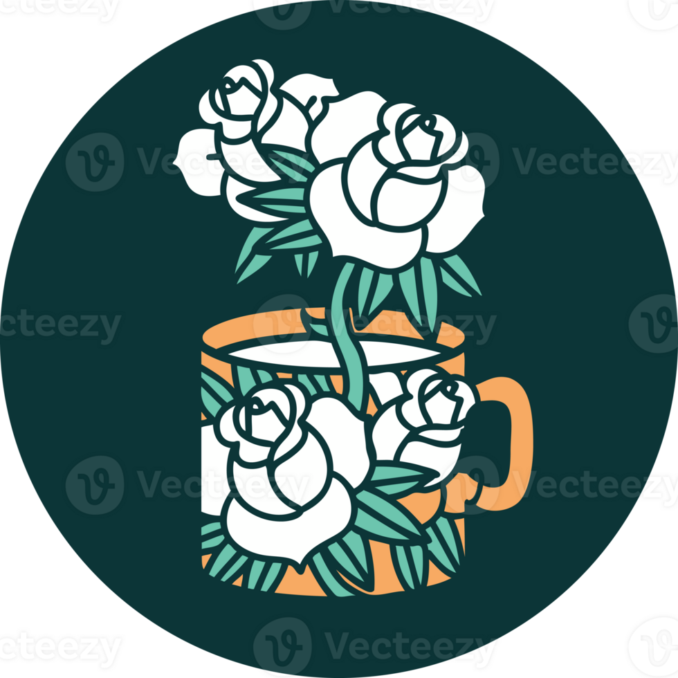 iconic tattoo style image of a cup and flowers png