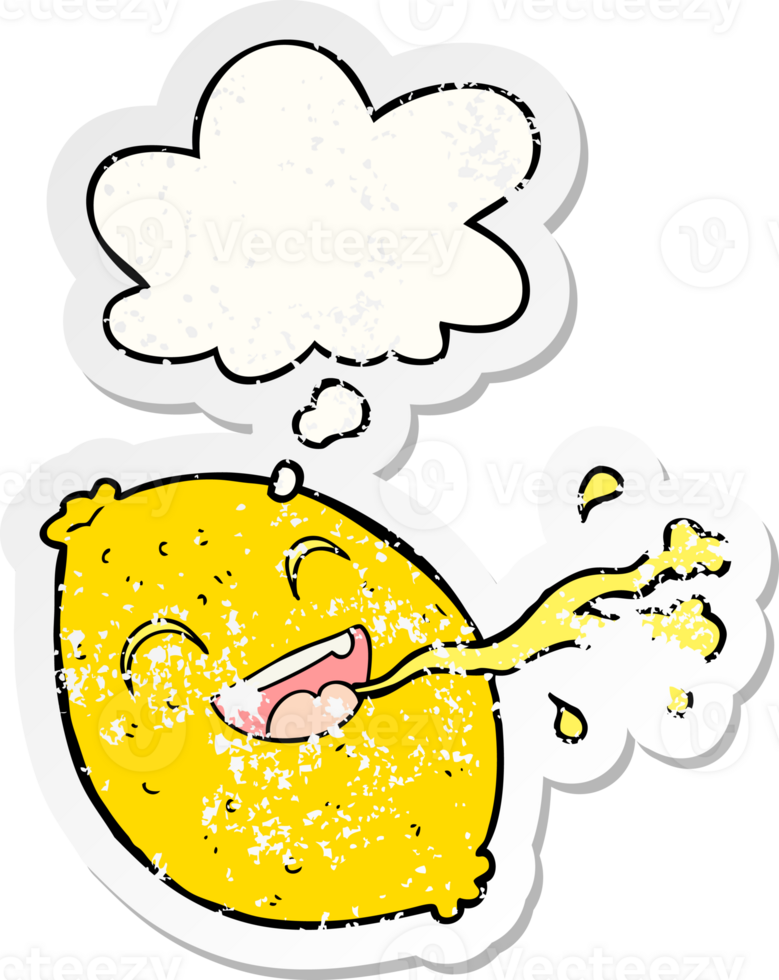 cartoon squirting lemon with thought bubble as a distressed worn sticker png