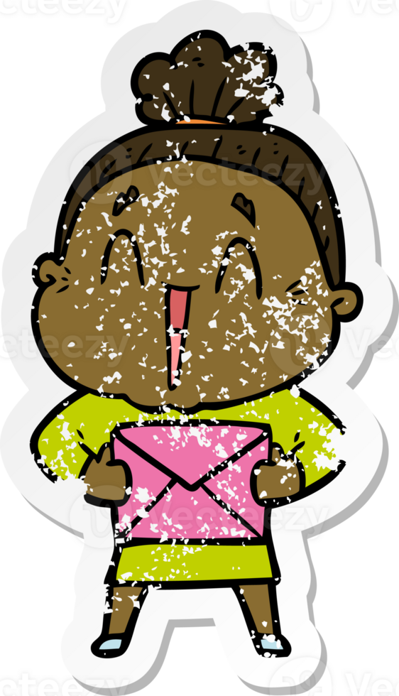 distressed sticker of a cartoon happy old lady png