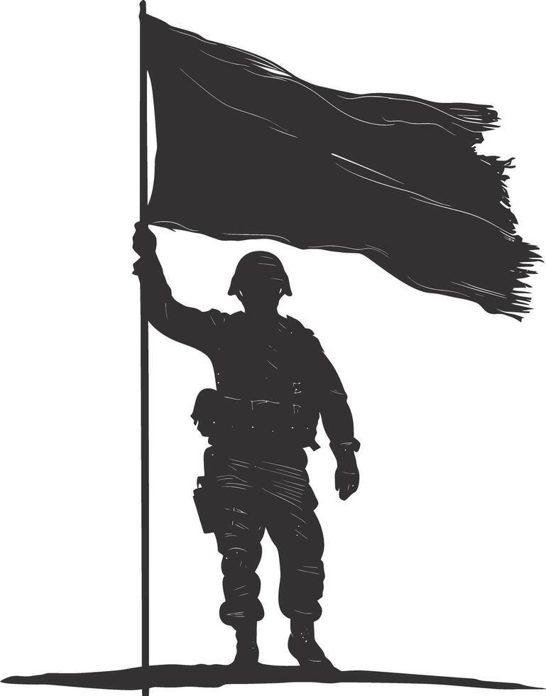 AI generated Silhouette Soldiers or Army pose in front of the black flag black color only vector