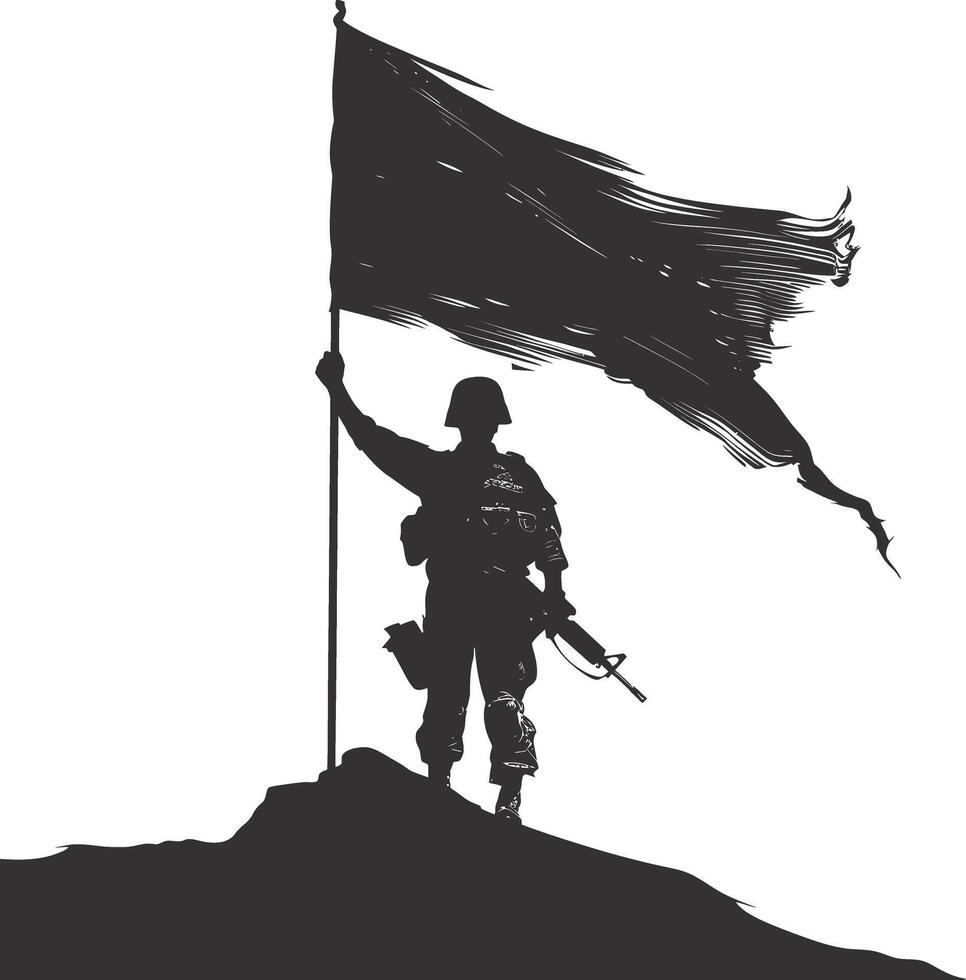AI generated Silhouette Soldiers or Army pose in front of the black flag black color only vector