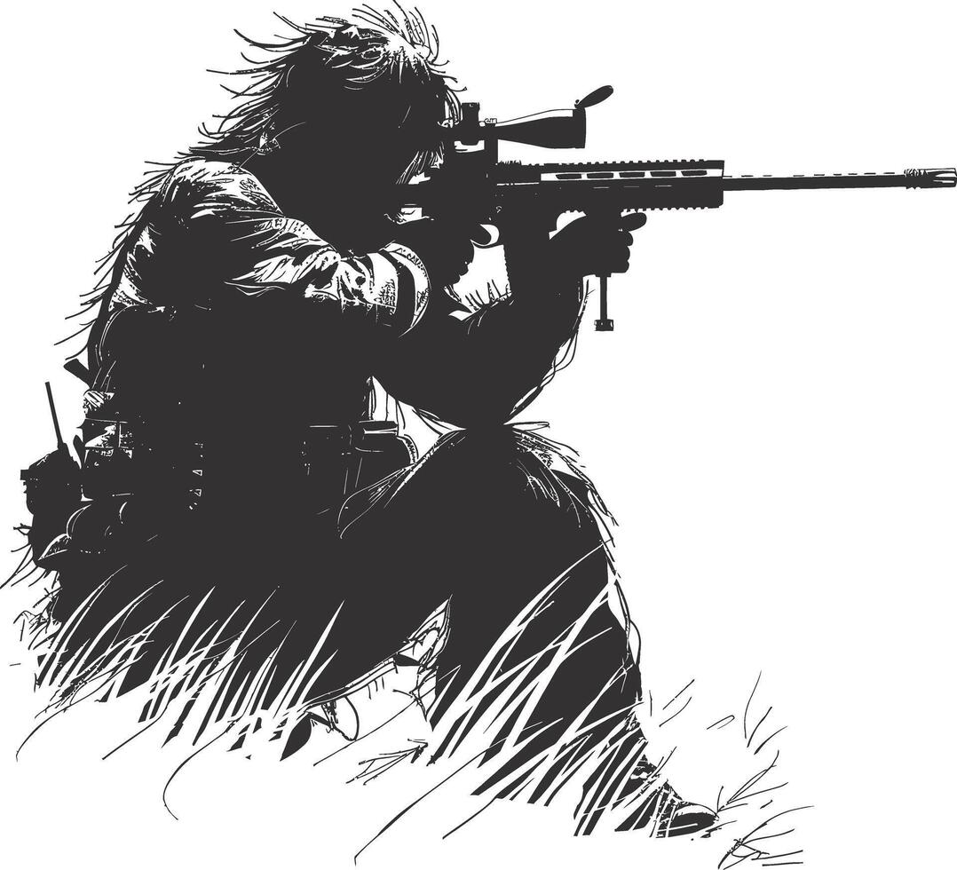 AI generated Silhouette sniper in action black color only full body vector