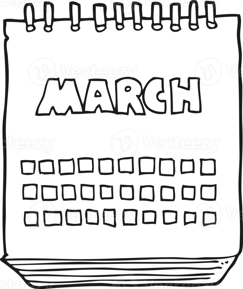 hand drawn black and white cartoon march calendar png