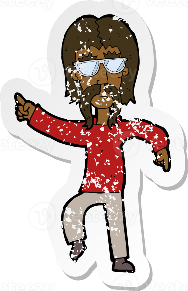 retro distressed sticker of a cartoon hippie man wearing glasses png