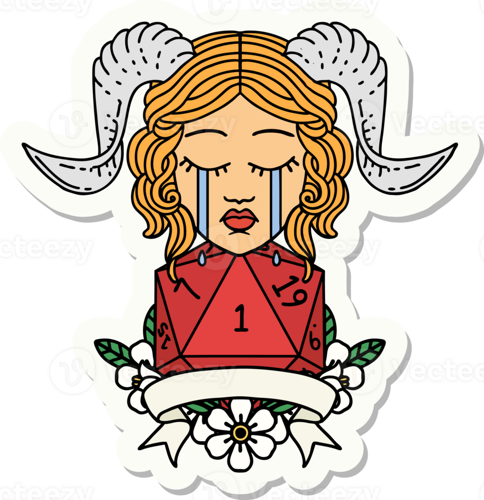 sticker of a crying tiefling with natural one D20 dice roll png