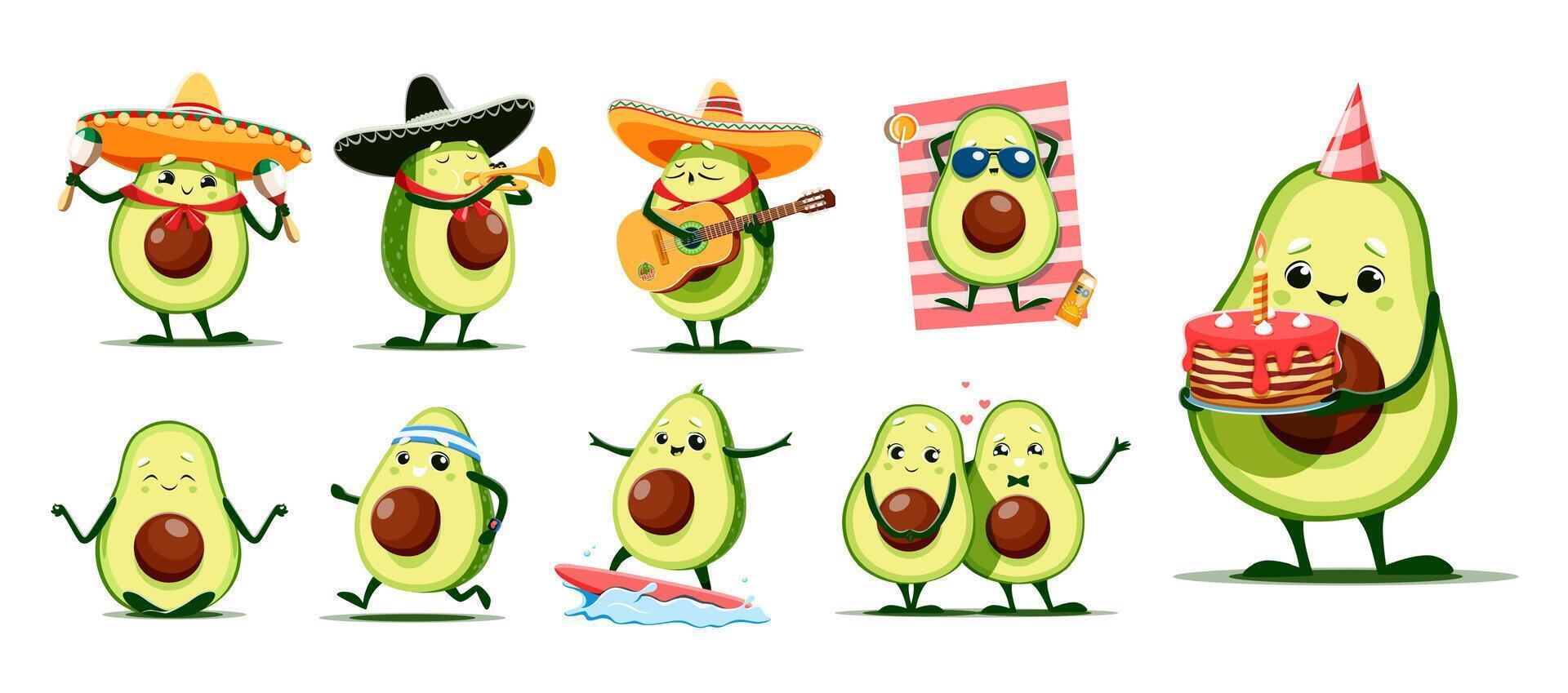 Cartoon kawaii Mexican avocado funny characters vector