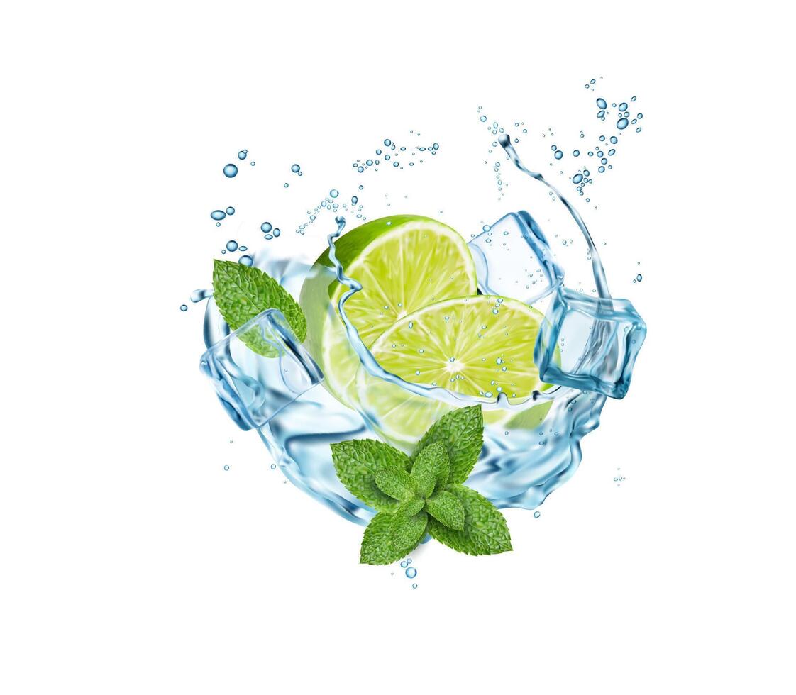 Mojito drink with lime half fruit in water splash vector