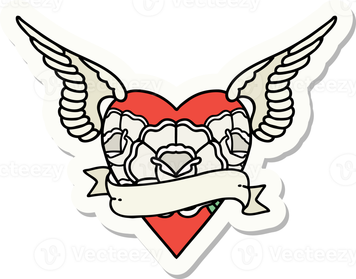 sticker of tattoo in traditional style of heart with wings flowers and banner png