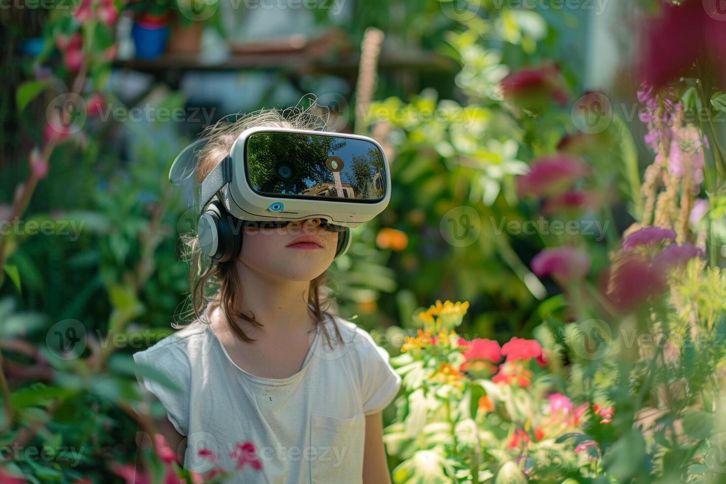 AI generated kids virtual reality in garden at home mockup screen interior design mockup photo