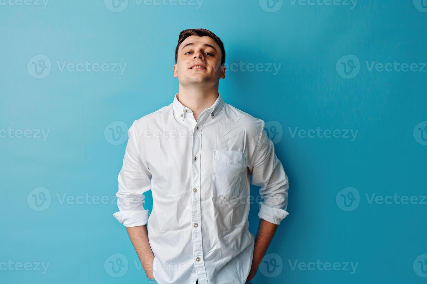 AI generated Men Down syndrome White Shirt Modeling on a Blue background sick person photo