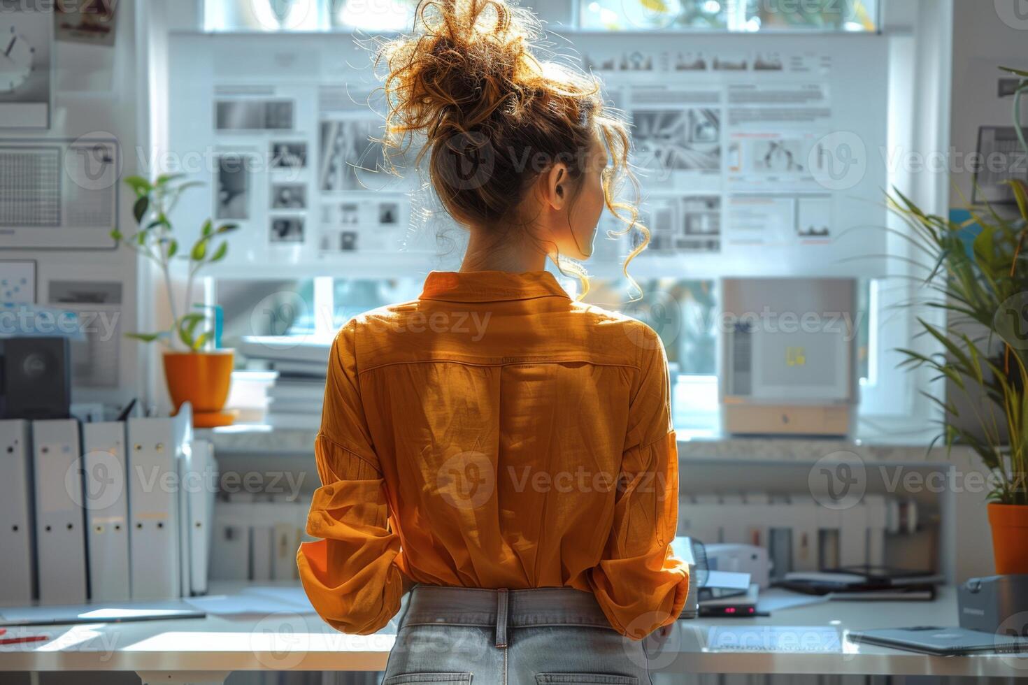 ai generado carencia mujer trabajando en el oficina y digital tecnología concepto foto