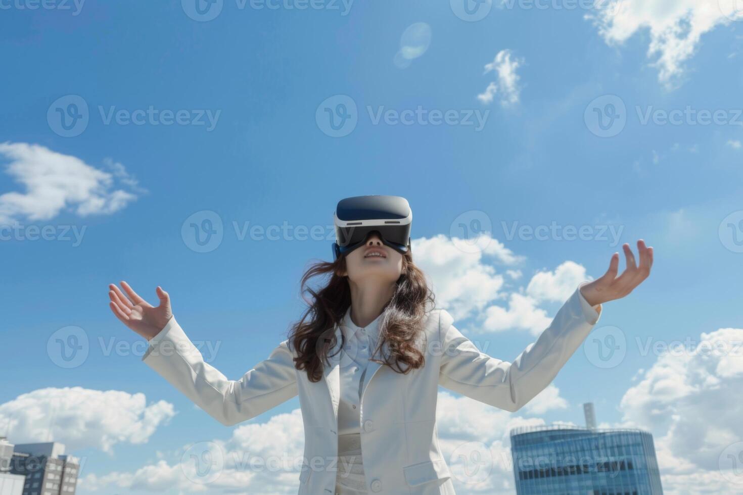 AI generated business Woman virtual reality Visualize any product in their Office spaces mockup screen photo