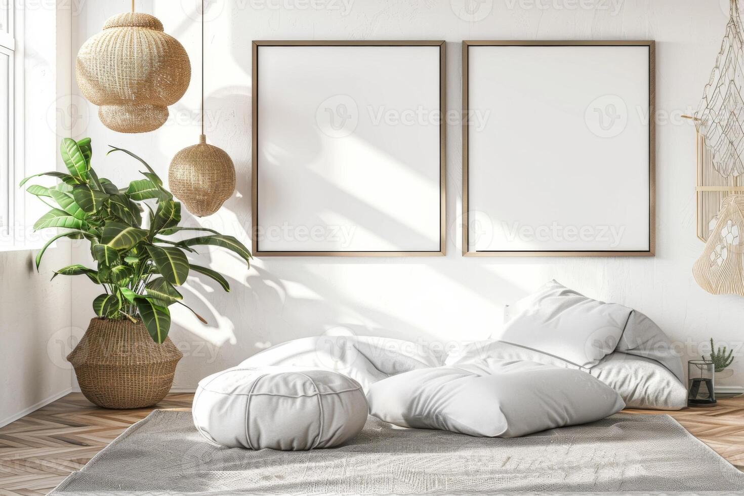 AI generated mockup Create a gallery wall with an assortment of differently shaped and sized 3D model photo