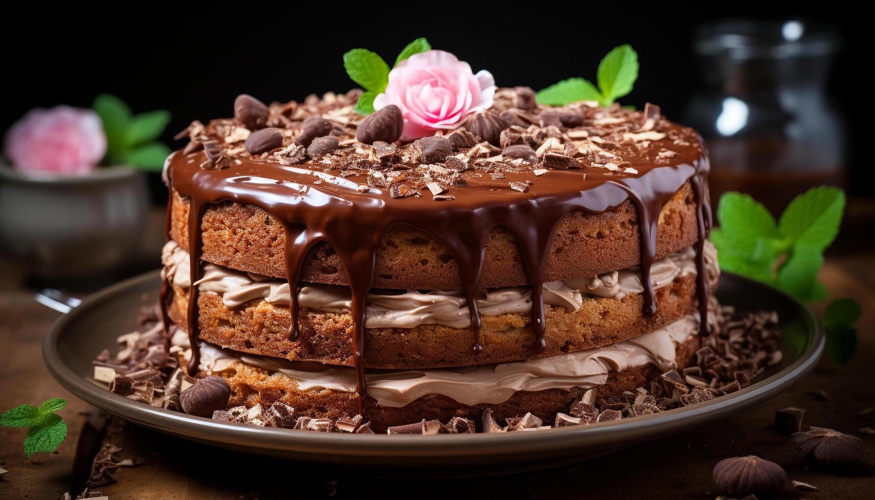 AI generated A decadent slice of homemade chocolate cake with creamy icing generated by AI photo