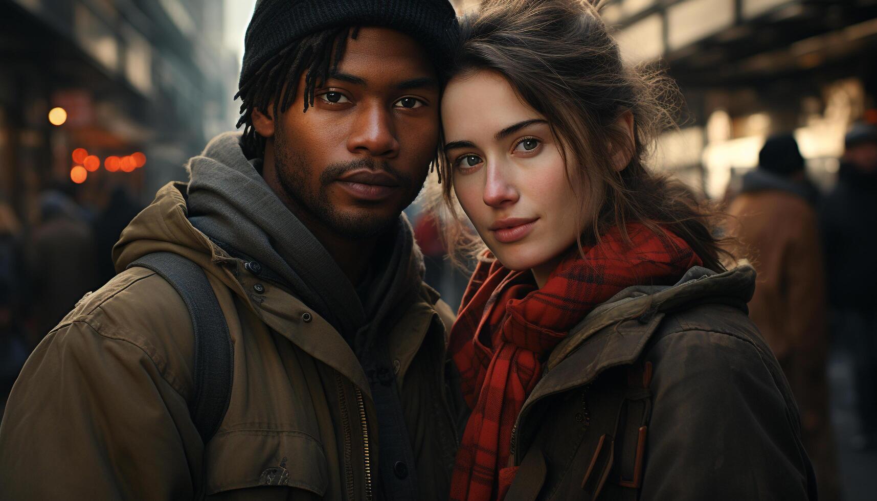 AI generated Young couple in winter, smiling, looking at camera, embracing love generated by AI photo