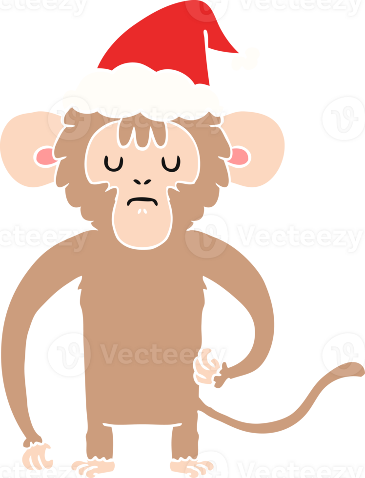 hand drawn flat color illustration of a monkey scratching wearing santa hat png