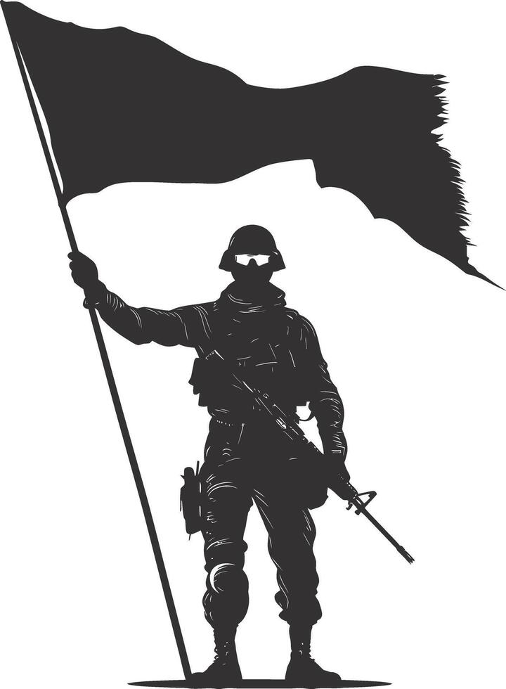 AI generated Silhouette Soldiers or Army pose in front of the black flag black color only vector