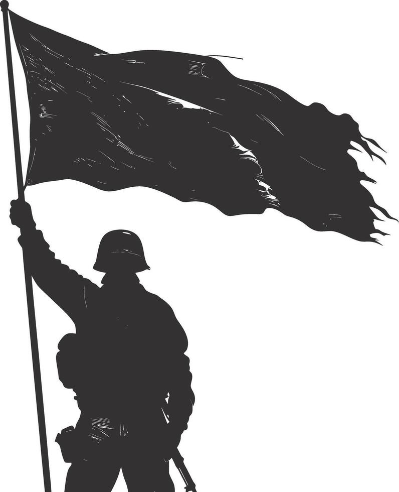 ai generado silueta soldados o Ejército actitud en frente de el negro bandera negro color solamente vector