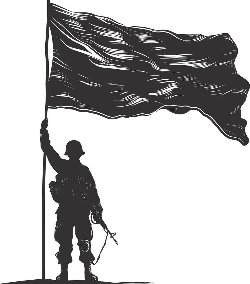 AI generated Silhouette Soldiers or Army pose in front of the blank flag black color only vector