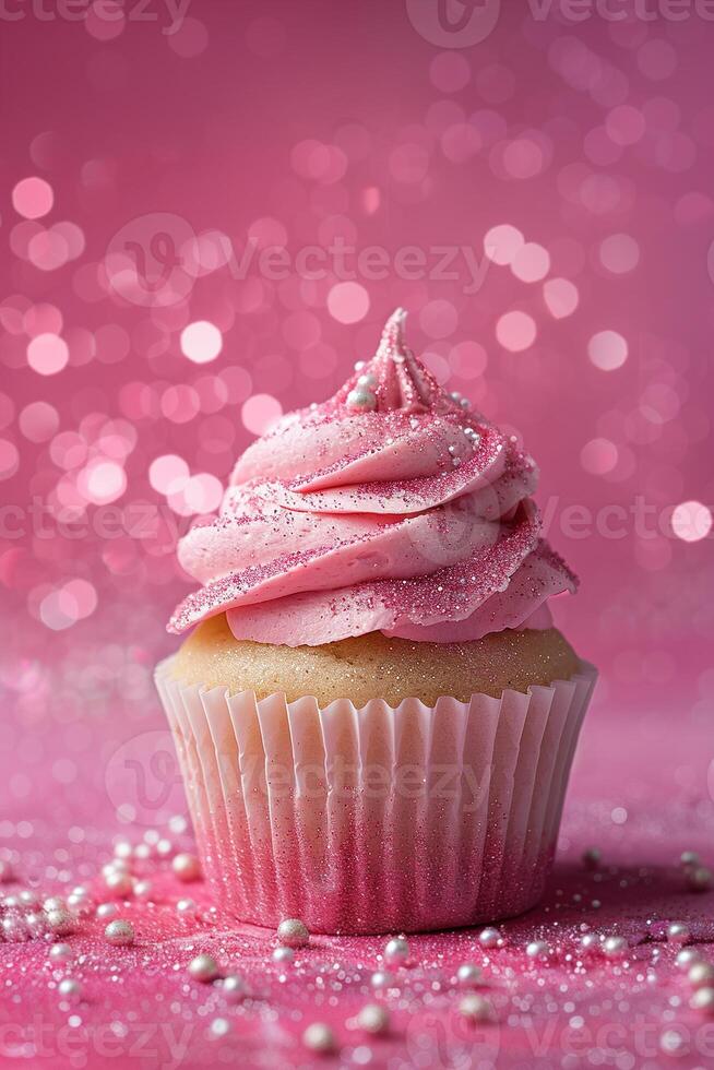 AI generated Pink vertical background with glittering cupcake, copy space. Womens Day. It's a girl backdrop with empty space. Baby shower or birthday invitation, party. Baby girl birth announcement. photo