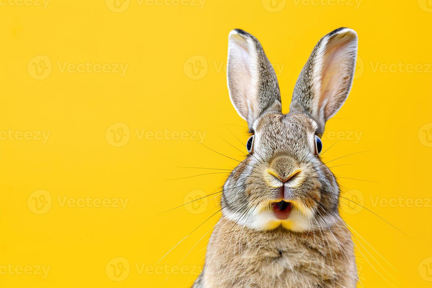 AI generated Surprised bunny against a vivid yellow background, perfect for Easter promotions, pet care advertising, or vibrant spring-themed graphics. Copy space for text. Easter sale, discount. photo