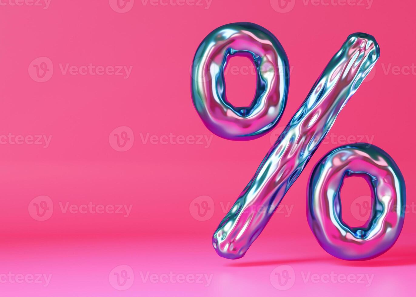 Holographic, shiny discount sign on vibrant pink background. Iridescent percent symbol. Sale, special offer, good price, deal. Sale off promotion. Percentage. Black Friday. Copy space. 3D render. photo