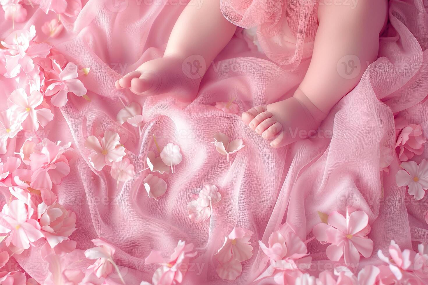 AI generated Pink background with baby feet's and flowers, copy space. It's a girl backdrop with empty space. Baby shower or birthday invitation, party. Baby girl birth announcement. Generative AI. photo