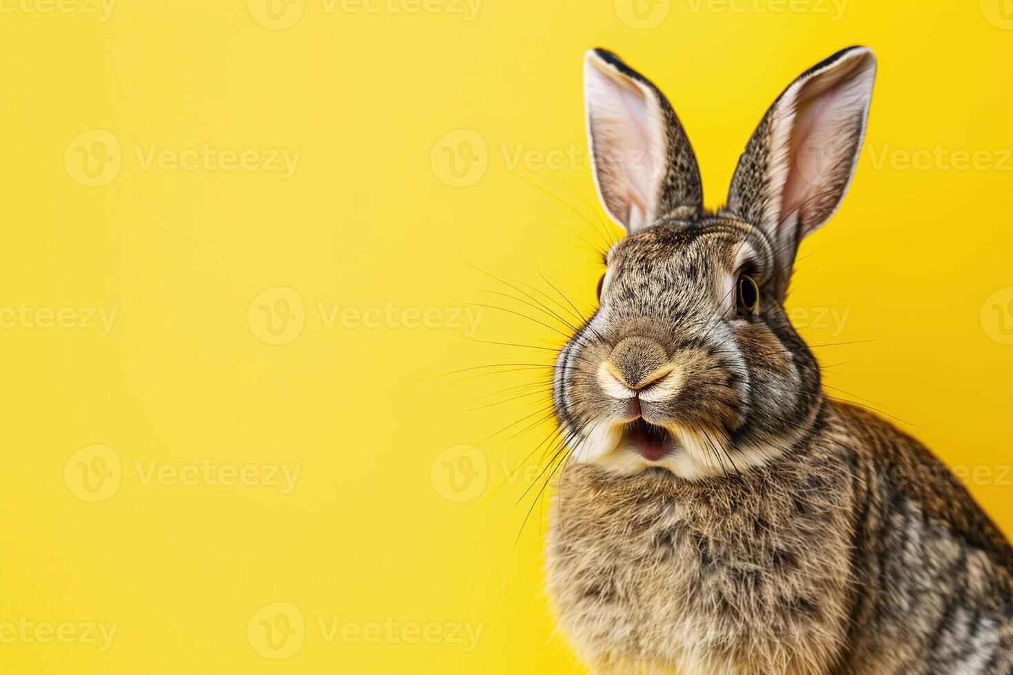 AI generated Surprised bunny against a vivid yellow background, perfect for Easter promotions, pet care advertising, or vibrant spring-themed graphics. Copy space for text. Easter sale, discount. photo