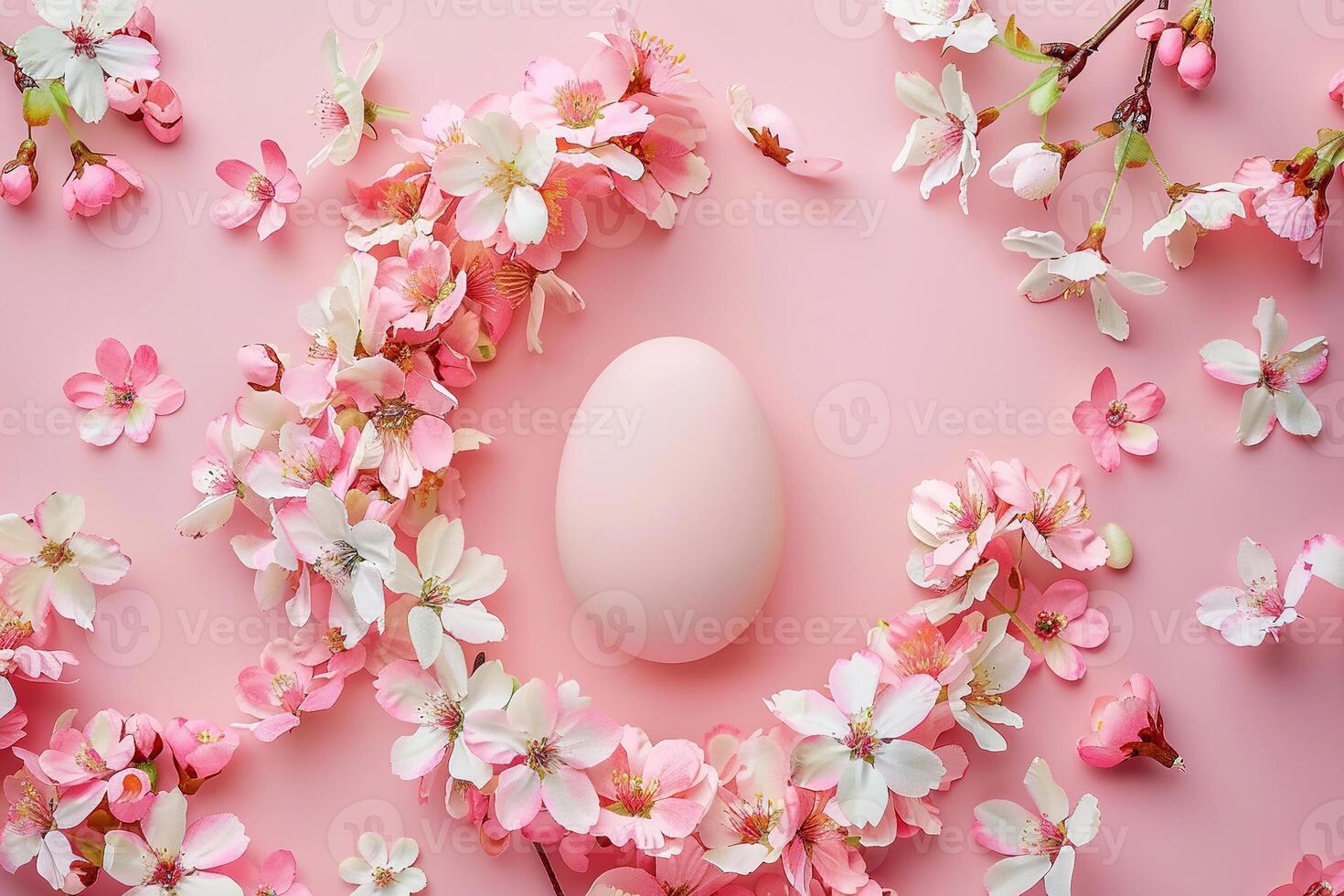 AI generated Celebrate the essence of spring with this enchanting Easter egg framed by a wreath of delicate cherry blossoms, perfect for seasonal marketing, greeting cards, or festive backgrounds. photo