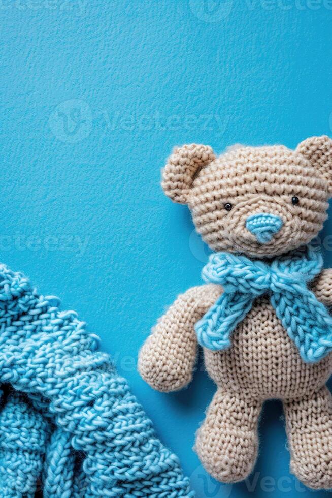 AI generated Blue background with plush toy and copy space. It's a boy backdrop with empty space for text. Baby shower or birthday invitation, party. Baby boy birth announcement. Vertical format. photo