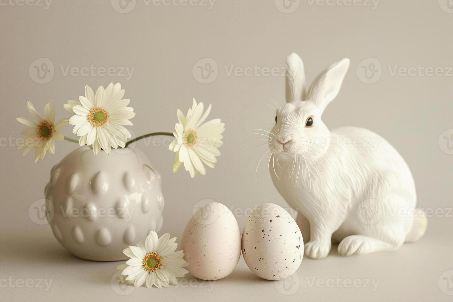 AI generated Natural Easter background with eggs, bunny and copy space for text. Soft, beige color. Perfect for spring themes, Easter content, and minimalist design projects. Greeting card. photo